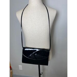 Jasmin Black Patent Leather Genuine Snakeskin Crossbody Bag Clutch Evening Purse